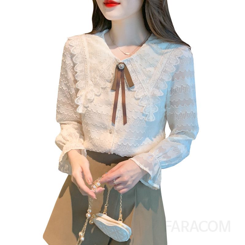 레이스 리본 칼라 쉬폰 블라우스 여성용 가을 데일리 긴팔 셔츠 스타일리시한 빈티지 감성의 편안한 착용감 데이트룩 하객룩 추천 - 상세 이미지 5