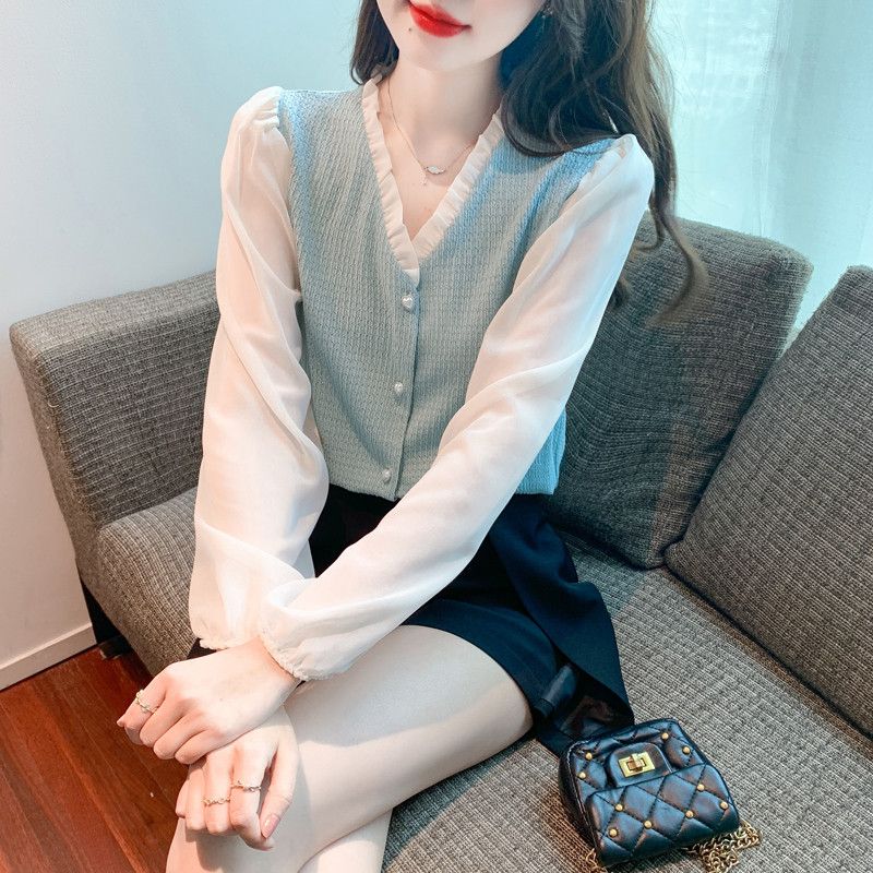 여성 브이넥 쉬폰 블라우스 봄 스타일리시한 긴팔 상의 데일리 착용감 편안한 여성블라우스 다양한 코디 가능 빈티지 감성 - 상품 이미지