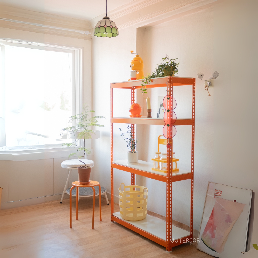 폴던스랙 올스틸 홈 카페 거실 수납 선반 인테리어 선반장 800x300x1500mm, 4단, 오렌지멀티