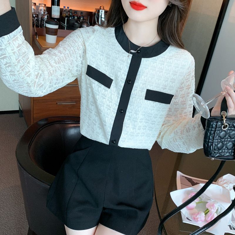 여성 레이스 라운드넥 블라우스 가을 우아한 프렌치 스타일 긴팔 셔츠 데일리 착용감 편안한 캐주얼 레이어드 활용 가능 예쁜 디자인 - 상세 이미지 4