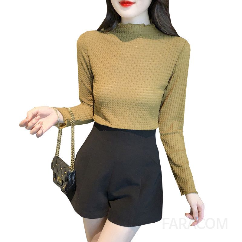 하프넥 쉬폰 블라우스 가을 여성용 루즈핏 긴팔 쉬폰 셔츠 레이스 러플 디자인 스타일리시한 데일리룩 코디 여성스러운 우아한 착용감 - 상세 이미지 5