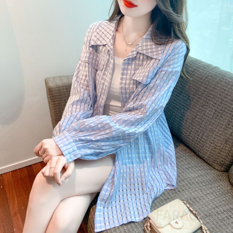 여성 가을 긴팔 체크 셔츠 루즈핏 캐주얼 스타일 UV 차단 면 남방 데일리 패션 외출용 편안한 착용감 트렌디한 디자인 - 상세 이미지 4