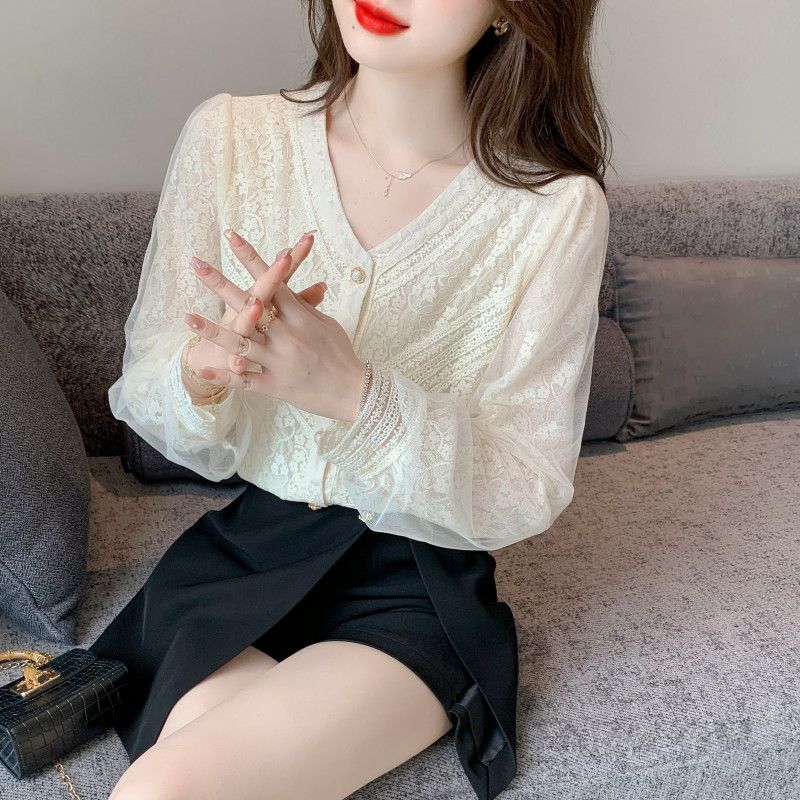 여성 브이넥 쉬폰 레이스 블라우스 가을용 우아한 스타일 데일리 셔츠 편안한 착용감 빈티지 디자인 - 상세 이미지 3