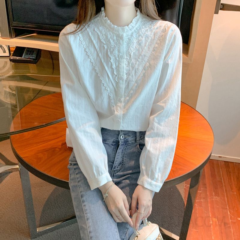 여성 레이스 쉬폰 블라우스 가을 데일리 긴팔 오피스룩 하프넥 스타일링 핀턱 디자인 캐주얼한 분위기 전문가용 - 상세 이미지 3