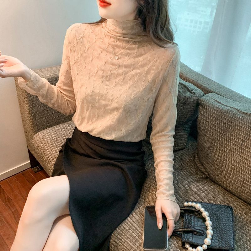 여성 긴팔 티셔츠 봄 가을 레이스 디테일 반하이칼라 이너웨어 스타일 데일리 캐주얼 상의 레이어드 활용도 높은 유럽풍 - 상품 이미지