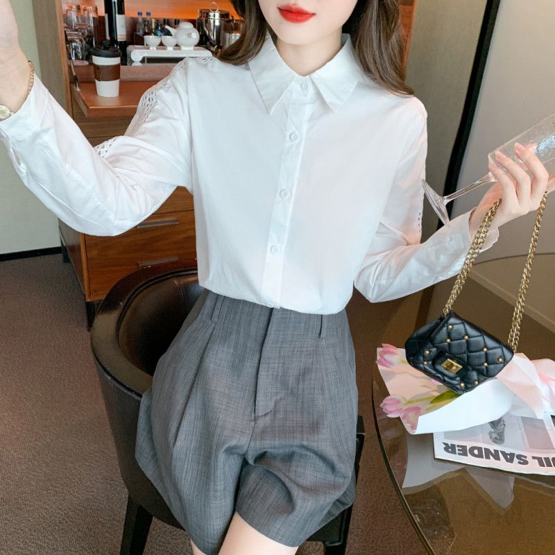 여성 레이스 스플라이싱 셔츠 가을 패션 유행 디자인 통근용 데일리 블라우스 스타일리시한 착용감 최대한 활용 가능한 모던 탑 - 상세 이미지 5