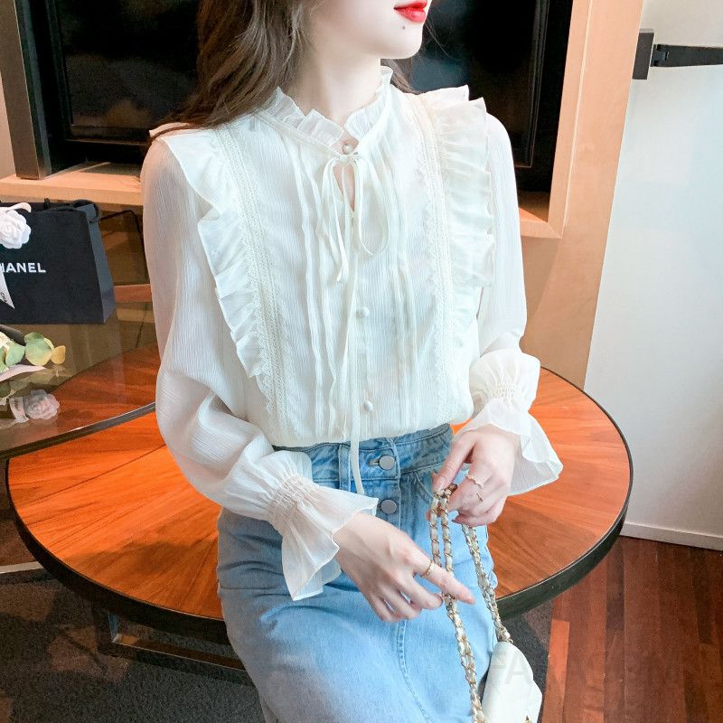 여성 쉬폰 블라우스 가을 신상 긴팔 상의 고급스러운 서양 스타일 데일리룩 공식석상 유행 패션 - 상세 이미지 3