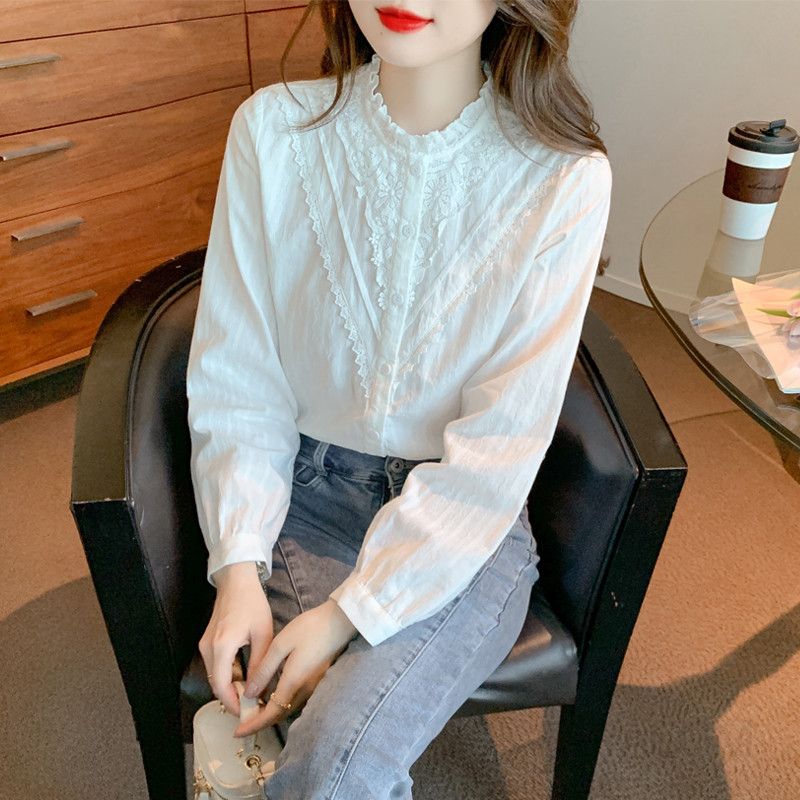 여성 레이스 쉬폰 블라우스 가을 데일리 긴팔 오피스룩 하프넥 스타일링 핀턱 디자인 캐주얼한 분위기 전문가용 - 상품 이미지