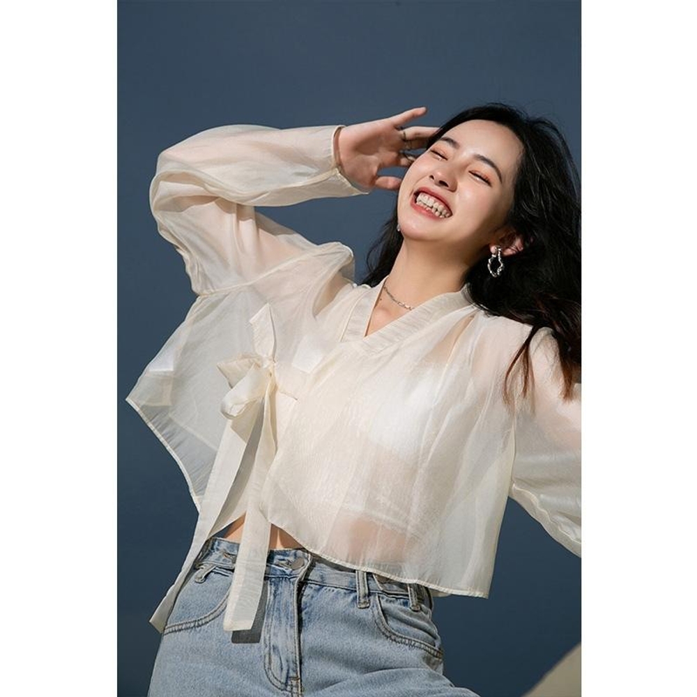 개량 저고리 여름 시스루 생활 여성 반티 데일리 절복 계량 절옷 반팔 브이넥 여자 긴팔 살구색 S - 상세 이미지 2