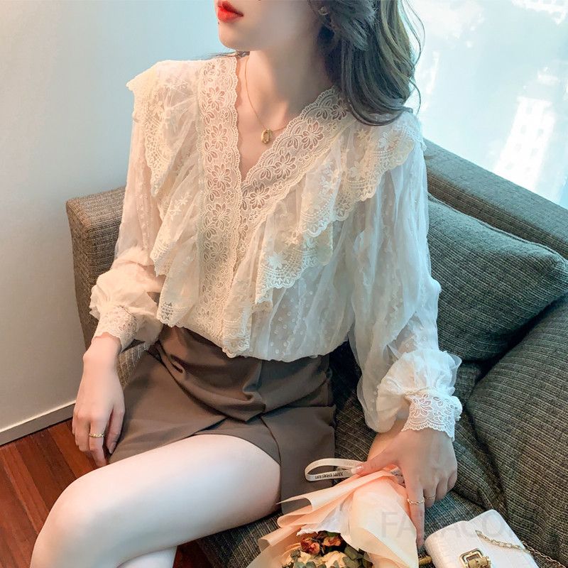 레이스 쉬폰 블라우스 여성용 긴팔 봄 가을 우아한 프렌치 스타일 데일리 탑 통근용 러플 프릴 디자인 시스루 착용감 - 상품 이미지
