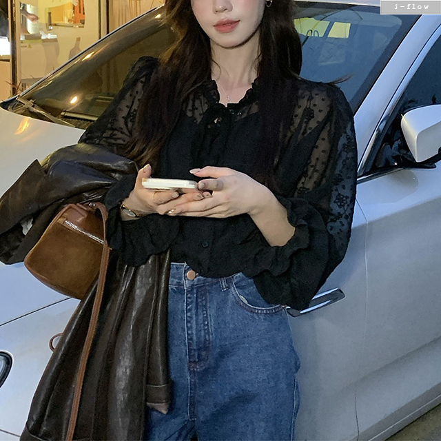 발레 프릴 자수 시스루 쉬폰 루즈핏 매듭 블라우스 2col 가을 봄 밴딩 벌룬 제이플로우 - 상세 이미지 4