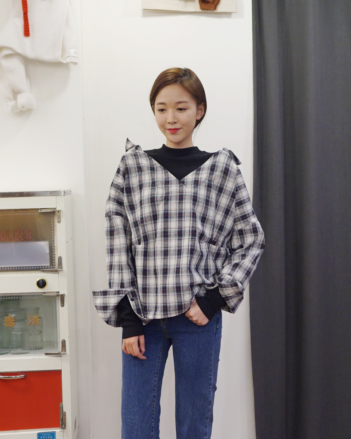 하이넥 레이어드 체크셔츠 이미지 3