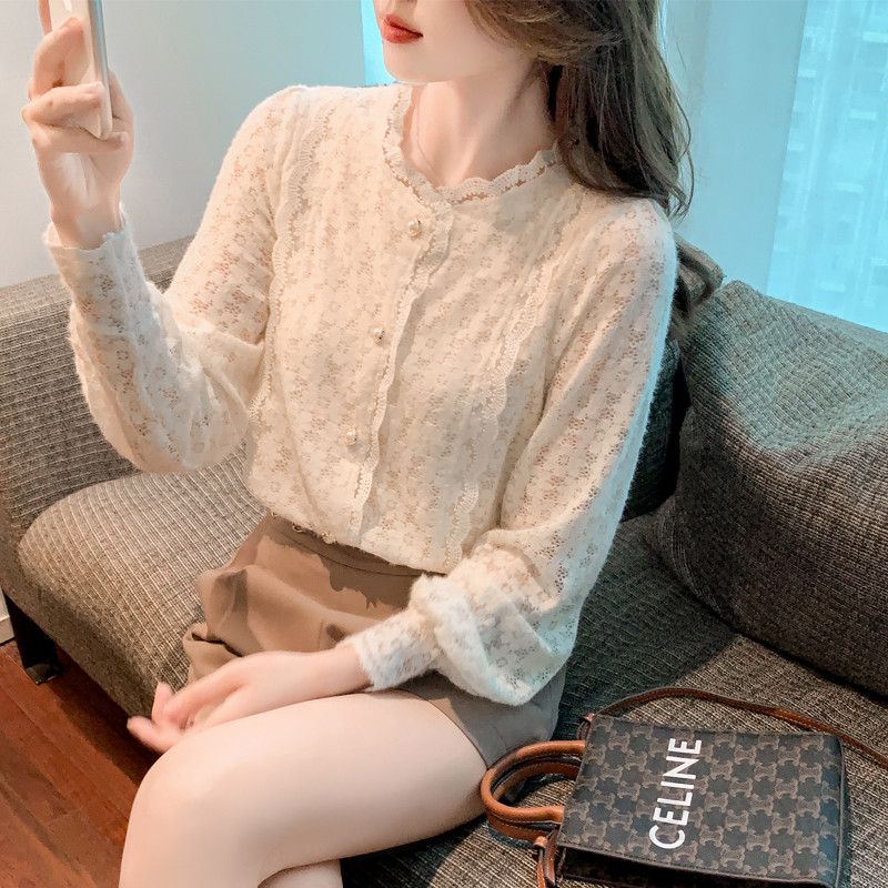 레이스 긴팔 블라우스 가을 여성 레이스 슬리브 우아한 스타일 데일리 착용감 좋은 데이트룩 캐주얼 셔츠 - 상품 이미지