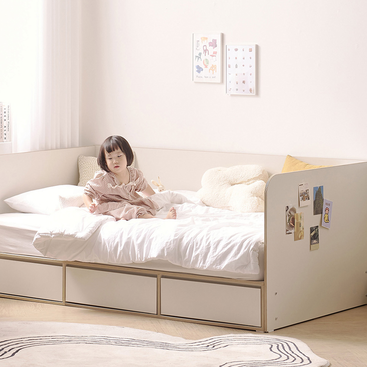 안전 가드 침대 키즈 아기 침대프레임 여아 공주 서랍형 SS(슈퍼싱글), 크림화이트