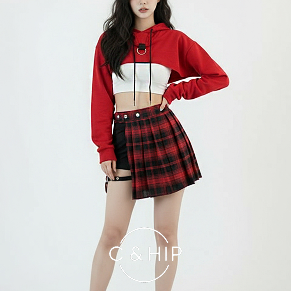 레드 오버핏 캐주얼 레이어드 탑 댄스 무대의상 체인 크롭 후드티셔츠 - 상품 이미지