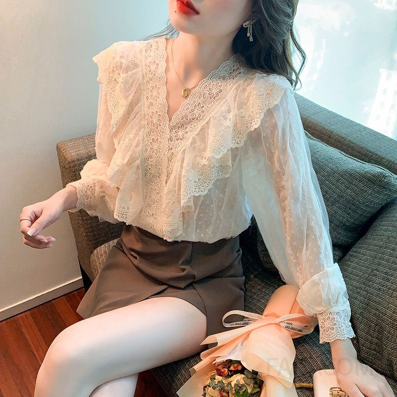 레이스 쉬폰 블라우스 여성용 긴팔 봄 가을 우아한 프렌치 스타일 데일리 탑 통근용 러플 프릴 디자인 시스루 착용감 - 상세 이미지 5