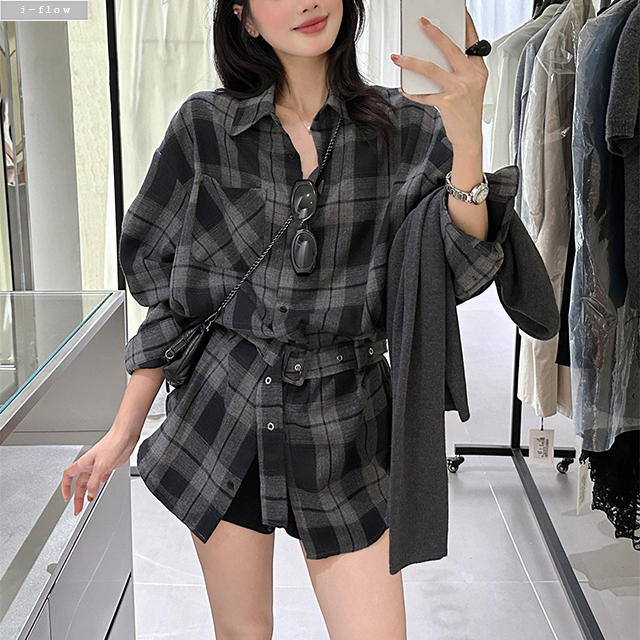 가십 롱 하프 체크 벨트 블라우스 셔츠 3col 가을 봄 미니원피스 루즈핏 제이플로우 - 상세 이미지 2