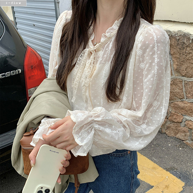 발레 프릴 자수 시스루 쉬폰 루즈핏 매듭 블라우스 2col 가을 봄 밴딩 벌룬 제이플로우 - 상세 이미지 5