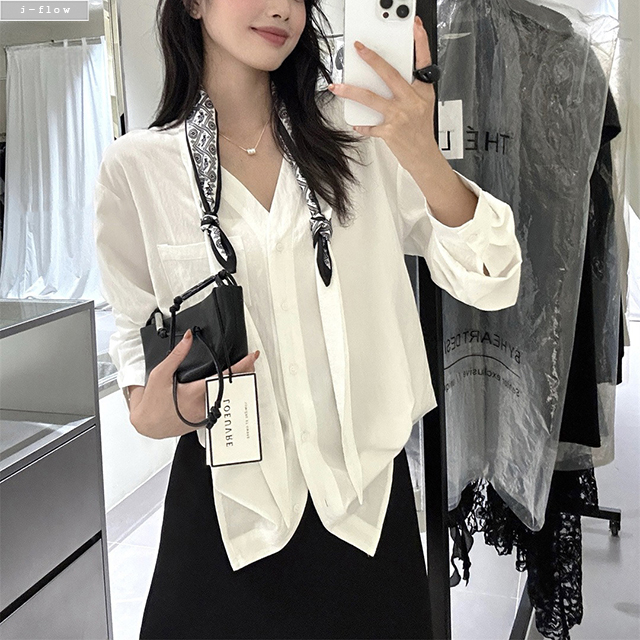 수빌 넥스카프 브이넥 촤르르 루즈핏 실키 블라우스 3col 가을 봄 하프 롱 제이플로우 - 상품 이미지