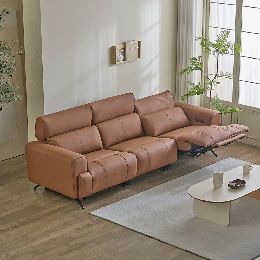 헤르짐머 오브 전동 리클라이너 천연 가죽 소파 스툴미포함, 브라운, 3인용