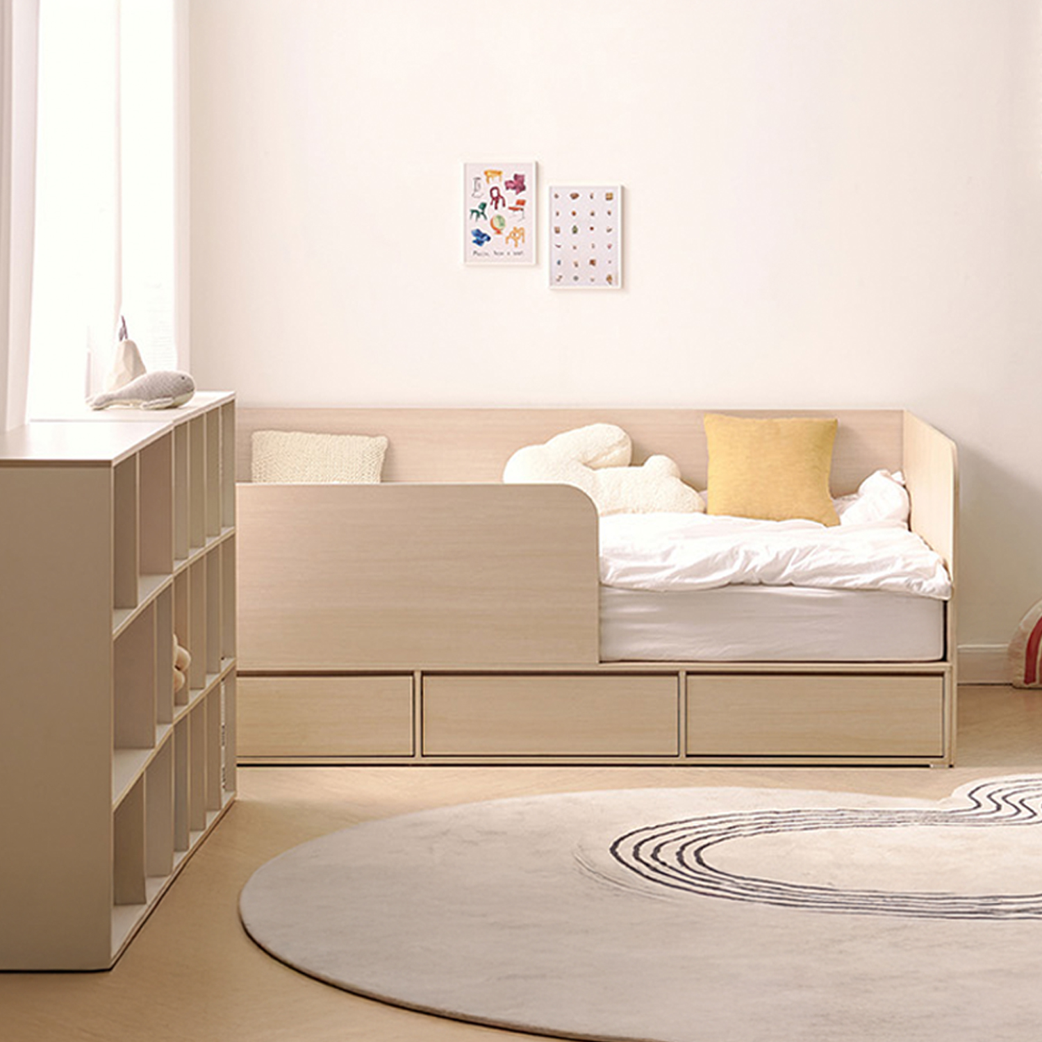 안전 가드 침대 키즈 아기 침대프레임 여아 공주 서랍형 SS(슈퍼싱글), 크림화이트