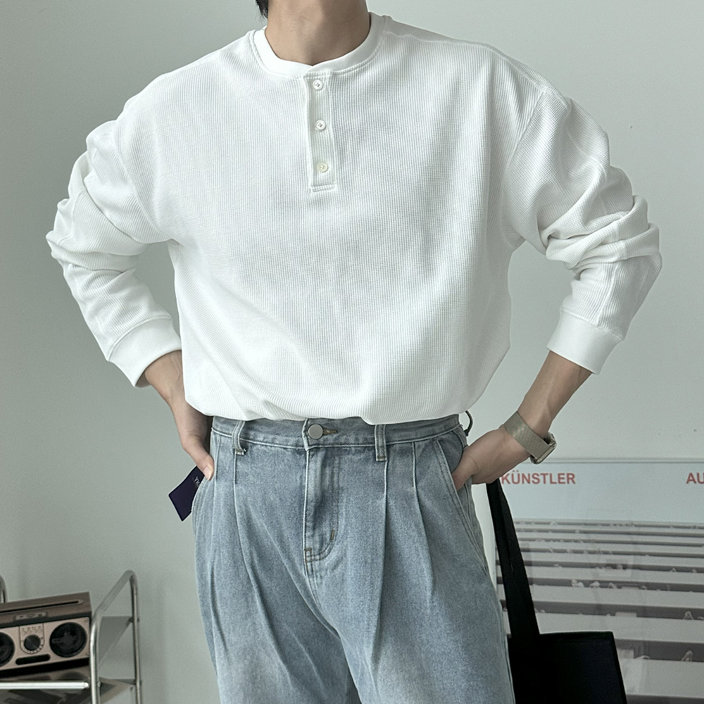 남자 긴팔티 빅사이즈 오버핏 와플 가을 겨울 헨리넥 티셔츠