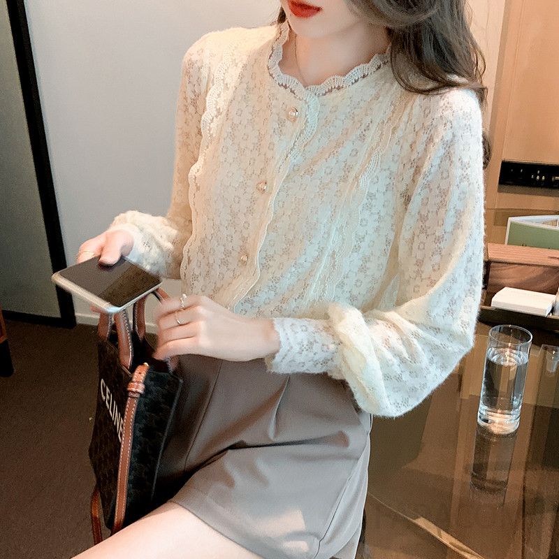 레이스 긴팔 블라우스 가을 여성 레이스 슬리브 우아한 스타일 데일리 착용감 좋은 데이트룩 캐주얼 셔츠 - 상세 이미지 5