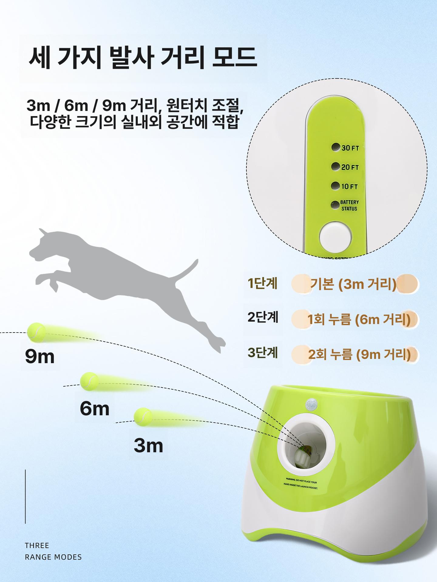 강아지 공던져주는기계 혼자놀기 던져주는 반려견 그린 셀프 에메랄드 반려동물 애견장난감 발사기+테니스공 3개 충전식 - 상세 이미지 4