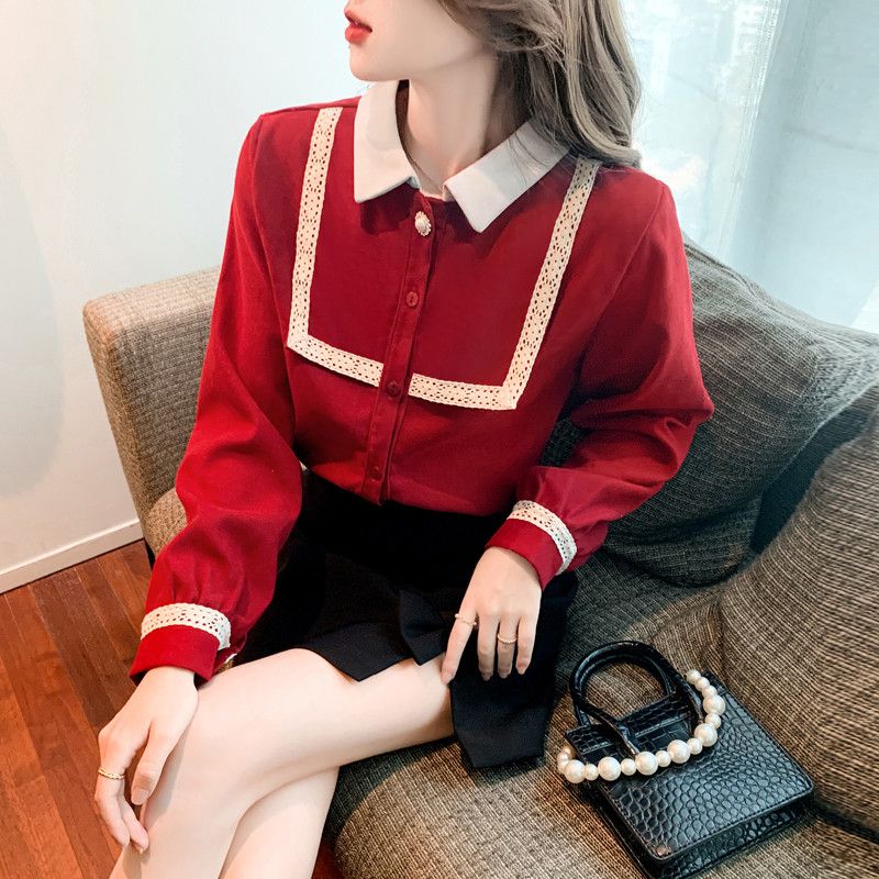 여성 레드 브러시드 긴팔 셔츠 가을 캐주얼 스타일 다용도 한국 패션 코튼 소재 편안한 착용감 데일리 오버핏 - 상품 이미지
