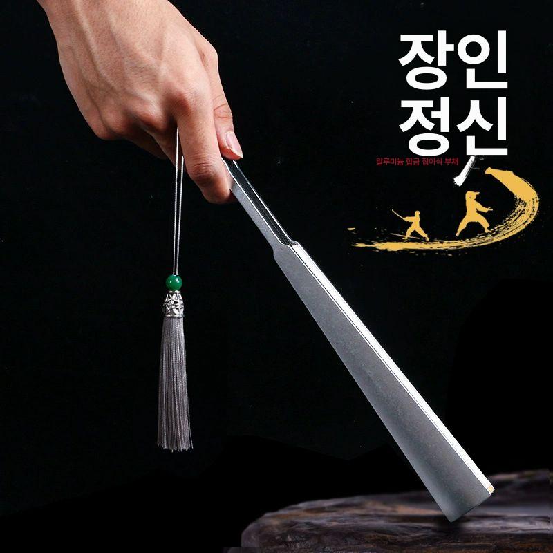 알루미늄 합금 쌍룡 문양 은색 전통 부채 인테리어 중국풍 선물용 접이식 패션 9인치 블랙 대나무 코어 난정서 패턴 - 상세 이미지 2