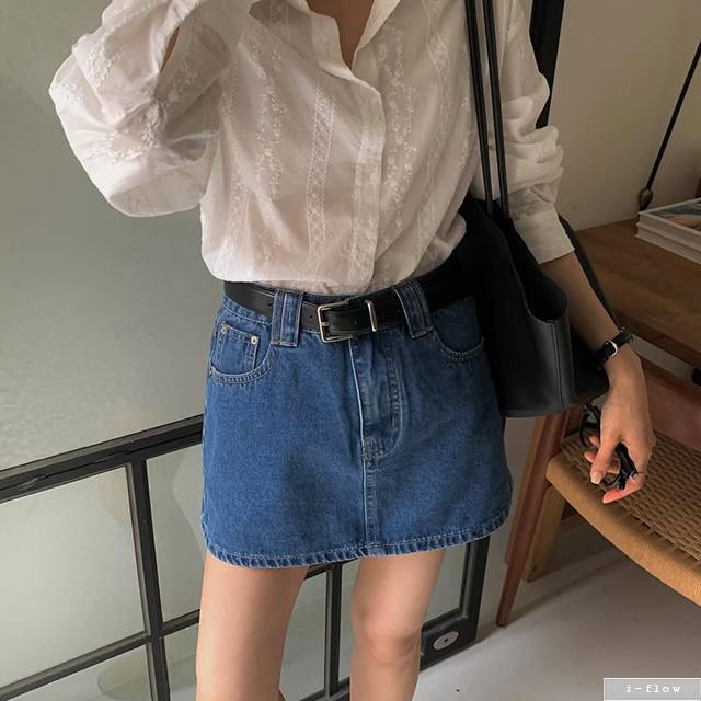 젬스 스티치 데님 A라인 미니스커트 1col S,M 가을 봄 바지안감 진청 제이플로우 - 상세 이미지 5