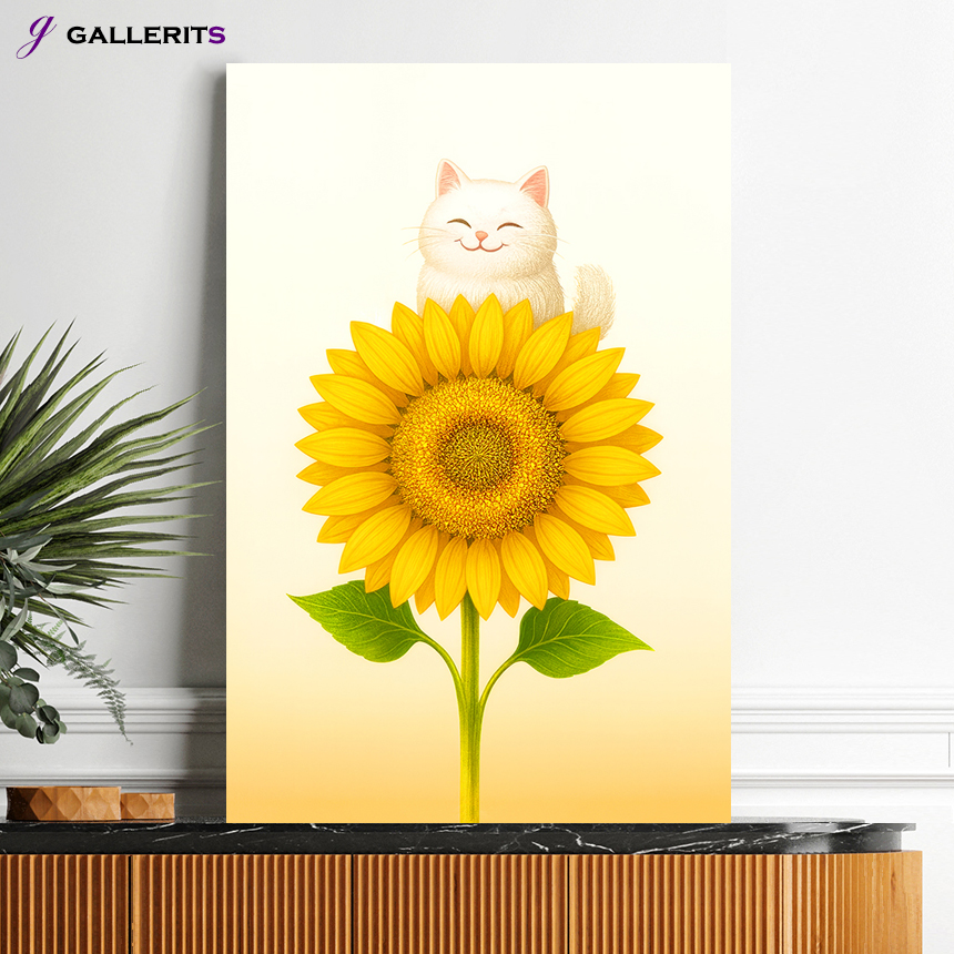 아기 고양이 해바라기 꽃 그림 돈들어오는 아이방 거실 인테리어 액자 중형 - 상품 이미지