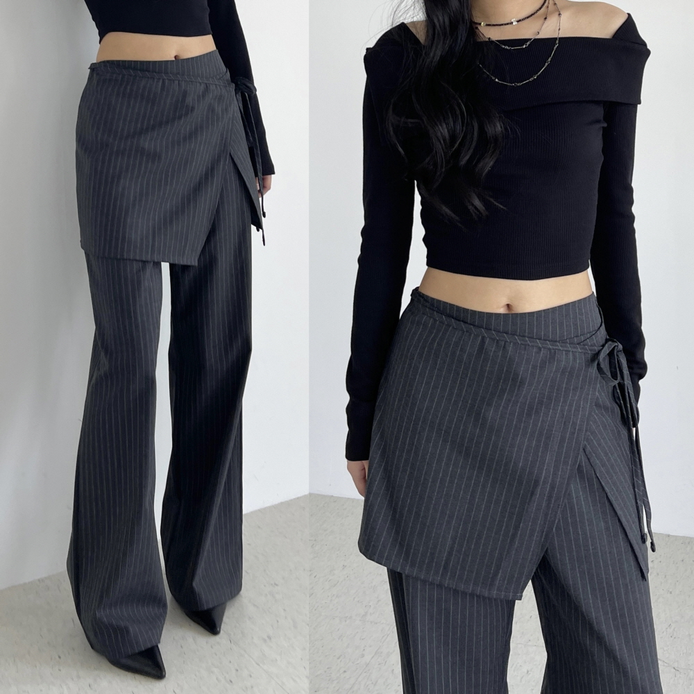 스트라이프 슬랙스 레이어드 치마바지 뒷밴딩 와이드 가을 여성 통바지 스트랩핀 슬랙스