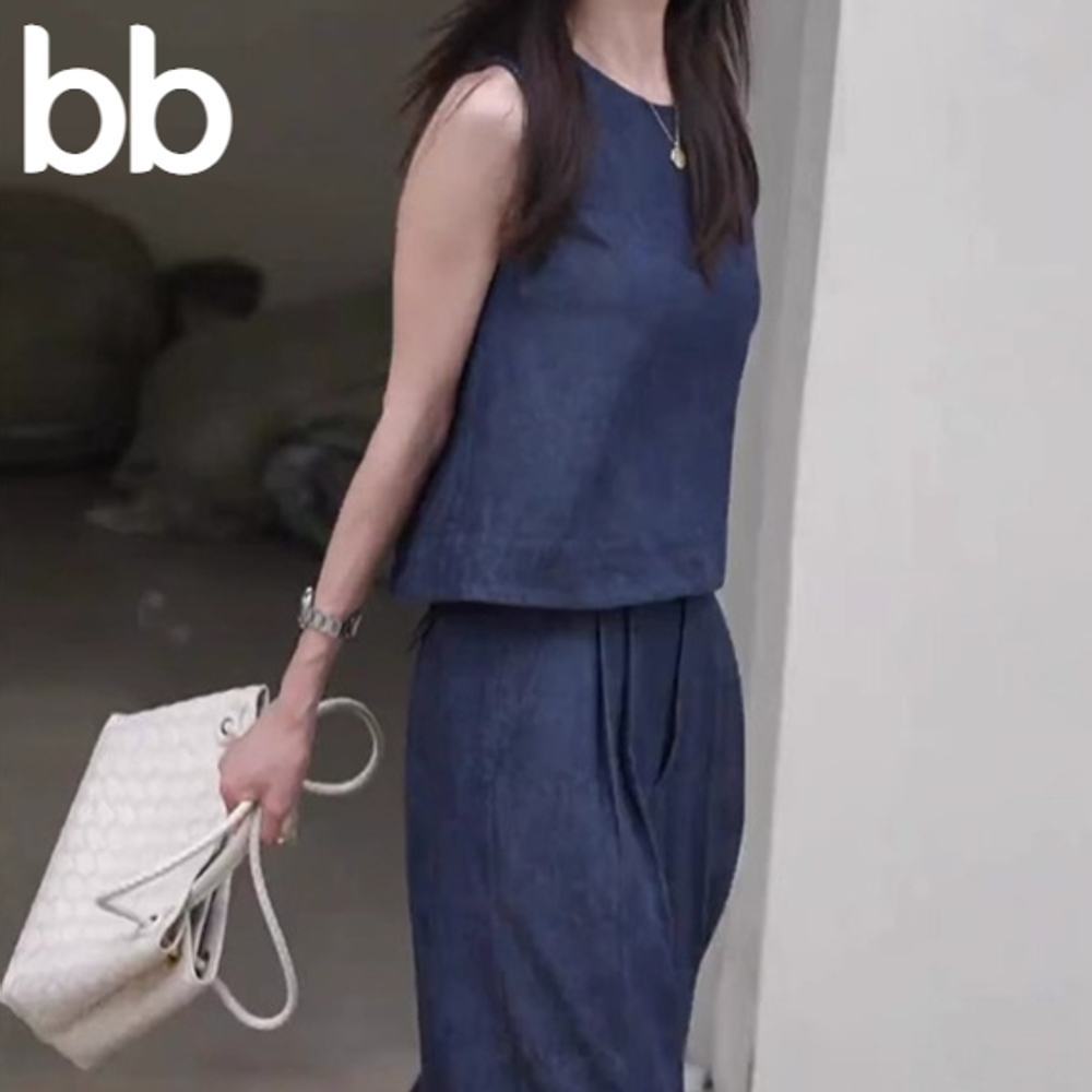 뷔스티에 셋업 세트 빅사이즈 여름 바지 데님 민소매 스트라이프 롱 꾸안꾸룩 나시 조끼 네이비 S - 상세 이미지 3