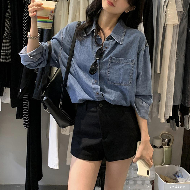 누아 오버핏 데님 카라넥 하프 셔츠 2col 가을 봄 루즈핏 박시 코튼 빈티지 제이플로우 - 상세 이미지 2