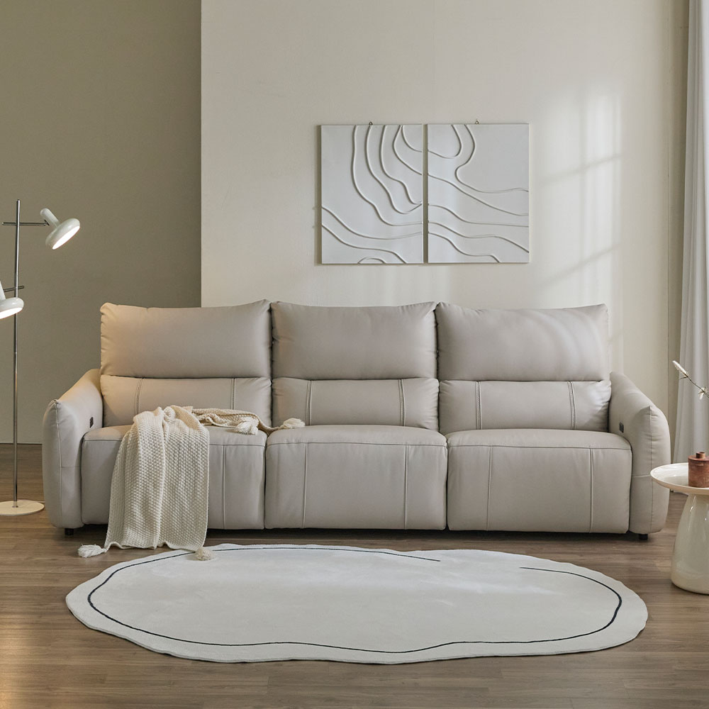 헤르짐머 모덱스 천연 가죽 3좌석 전동 리클라이너 소파 스툴미포함, 아이보리, 3인용