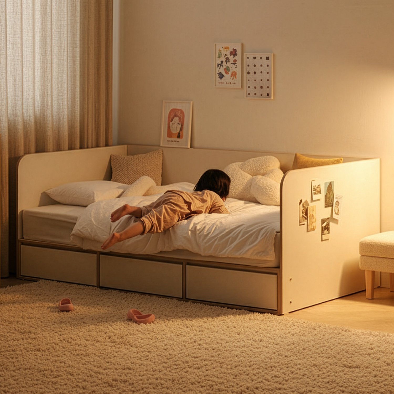 안전 가드 침대 키즈 아기 침대프레임 여아 공주 서랍형 SS(슈퍼싱글), 크림화이트