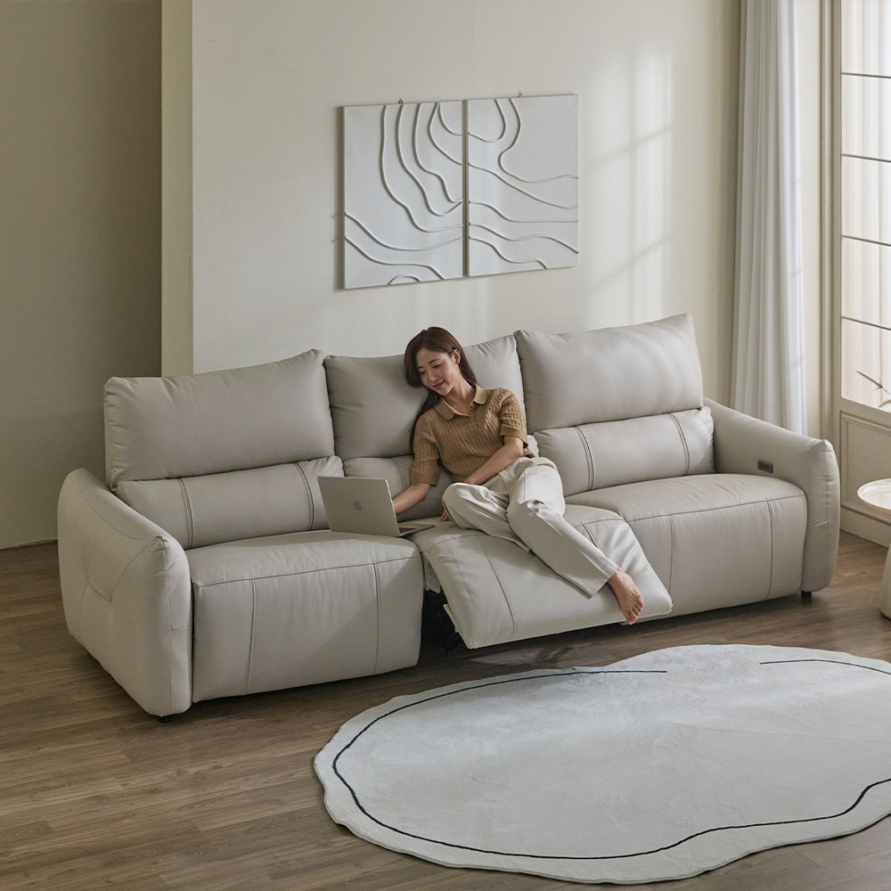헤르짐머 모덱스 천연 가죽 3좌석 전동 리클라이너 소파 스툴미포함, 아이보리, 3인용