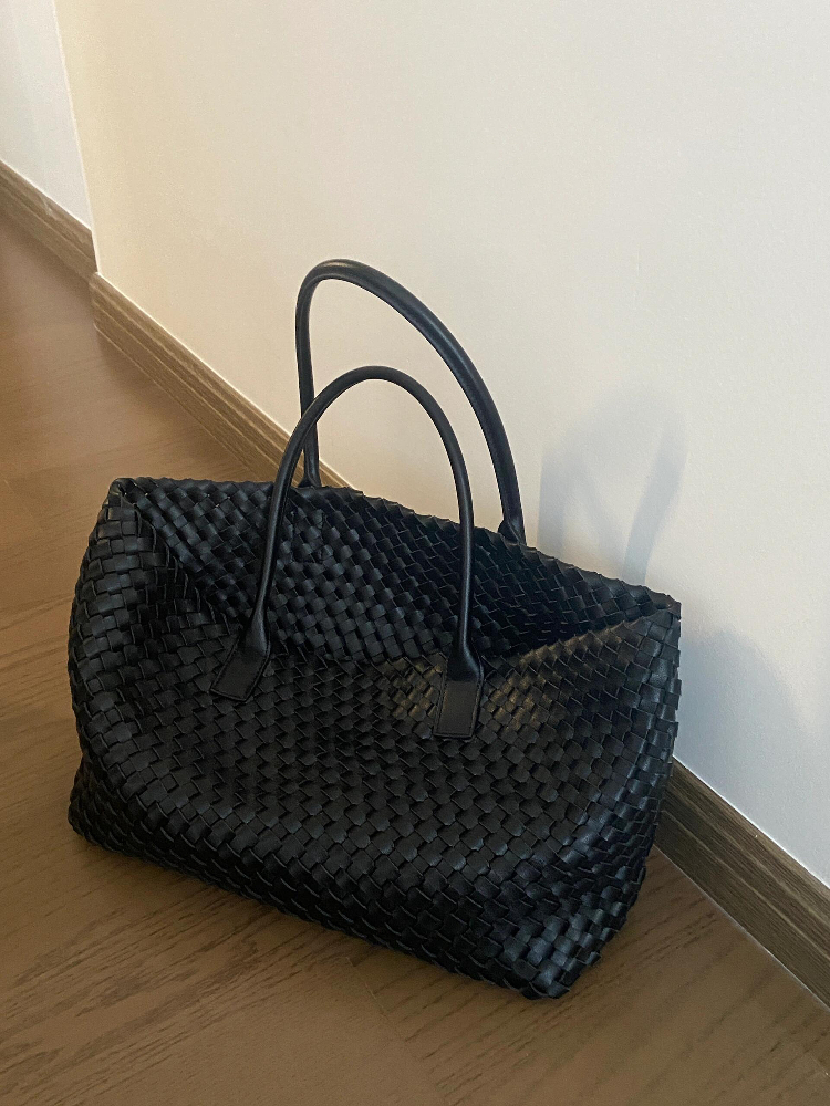 여성 위빙 쇼퍼백 가죽 핸드메이드 심플 숄더 대용량 블랙 브라운 - 상세 이미지 2