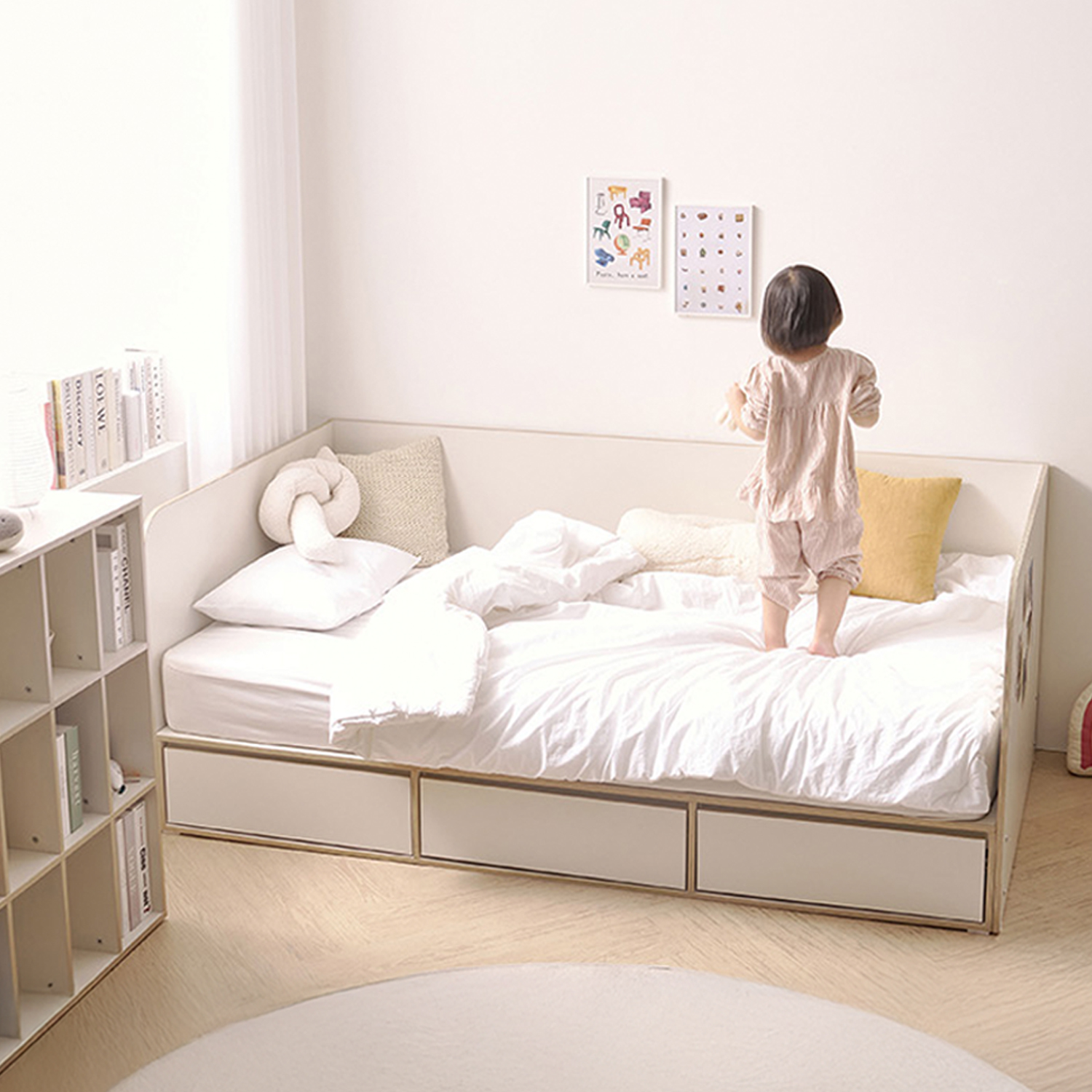 안전 가드 침대 키즈 아기 침대프레임 여아 공주 서랍형 SS(슈퍼싱글), 크림화이트