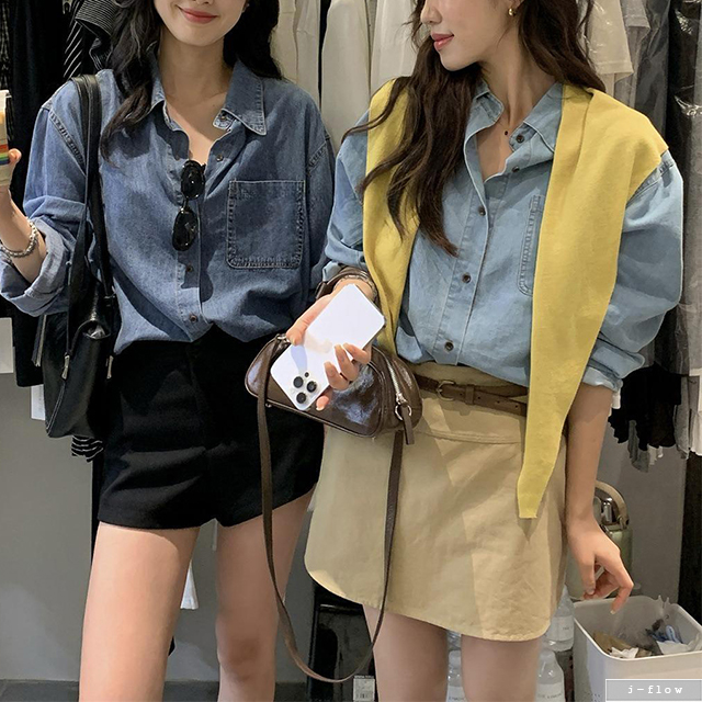 누아 오버핏 데님 카라넥 하프 셔츠 2col 가을 봄 루즈핏 박시 코튼 빈티지 제이플로우 - 상세 이미지 5