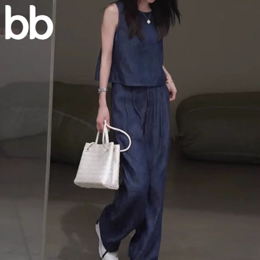 뷔스티에 셋업 세트 빅사이즈 여름 바지 데님 민소매 스트라이프 롱 꾸안꾸룩 나시 조끼 네이비 S - 상세 이미지 2