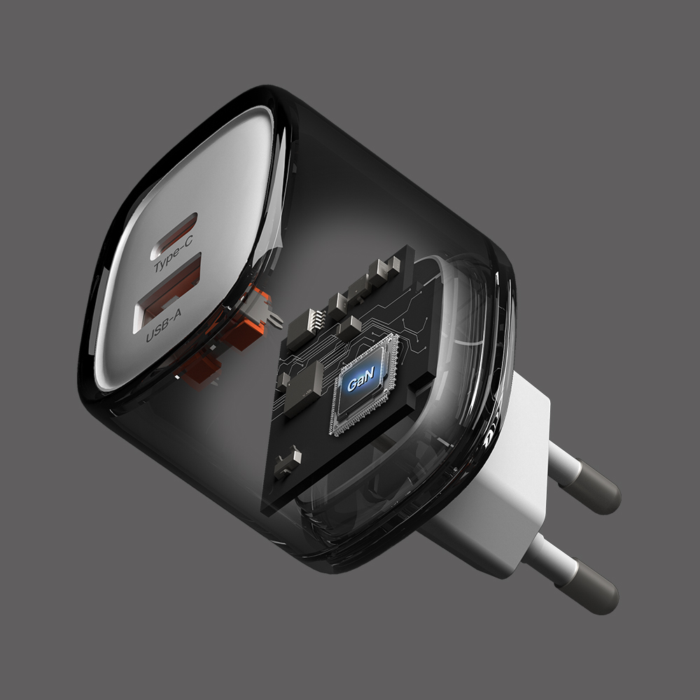 충전기의 투명 측면 커버를 통해 내부 GaN 반도체와 USB-C, USB-A 포트가 드러난 기술 상세 구조도