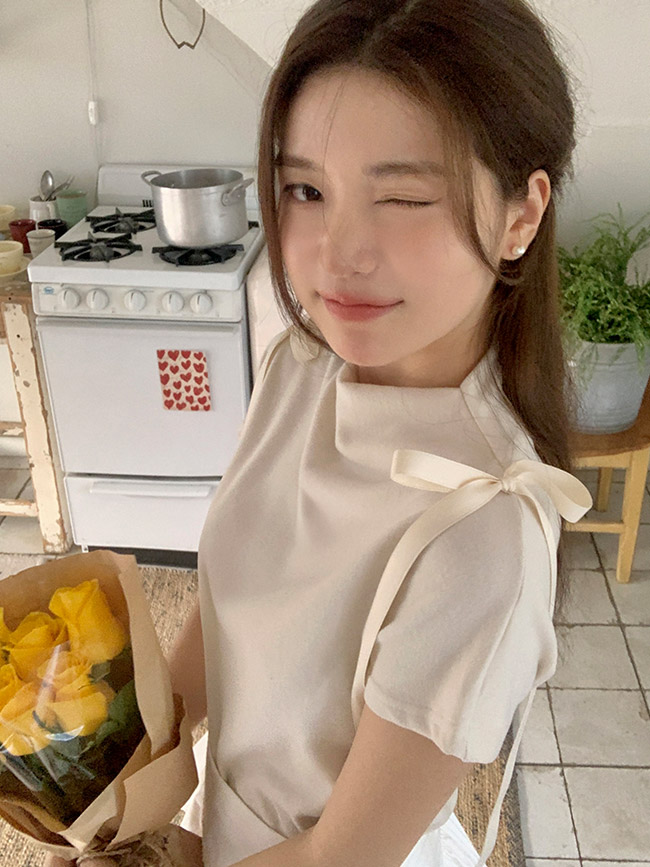 반하이넥 숄더 리본 반팔 티셔츠 ts4724 - 상세 이미지 2