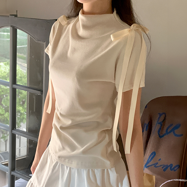 반하이넥 숄더 리본 반팔 티셔츠 ts4724 - 상품 이미지