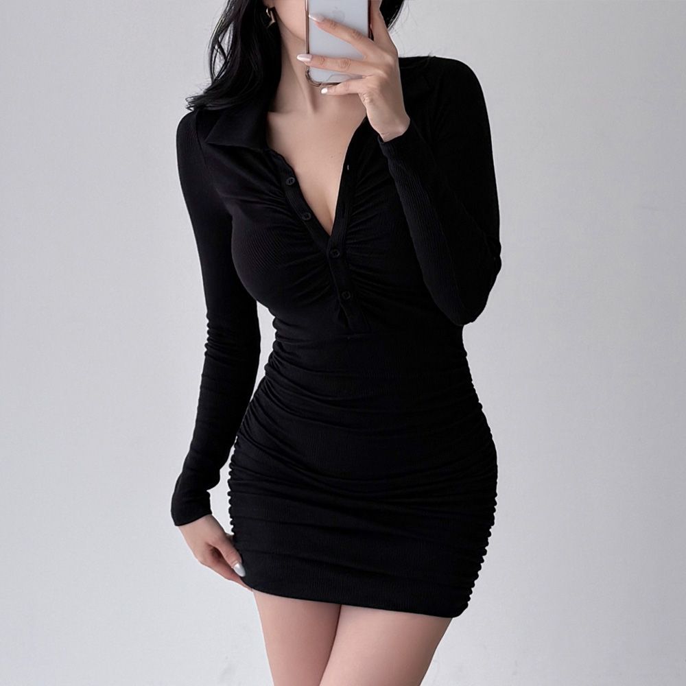 니엘린 카라원피스 셔링 긴팔 섹시 AA0438 - 상세 이미지 3
