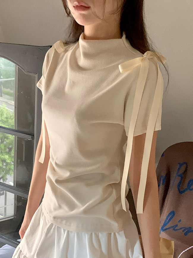 반하이넥 숄더 리본 반팔 티셔츠 ts4724 - 상세 이미지 3