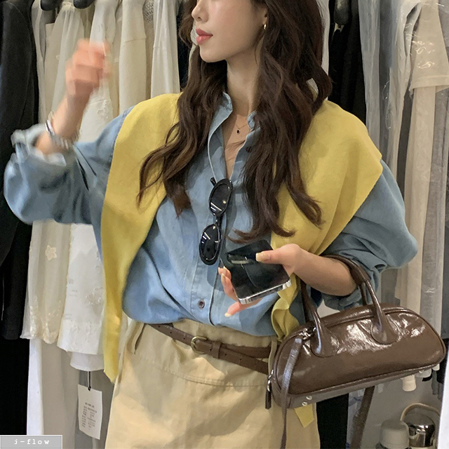 누아 오버핏 데님 카라넥 하프 셔츠 2col 가을 봄 루즈핏 박시 코튼 빈티지 제이플로우 - 상세 이미지 4