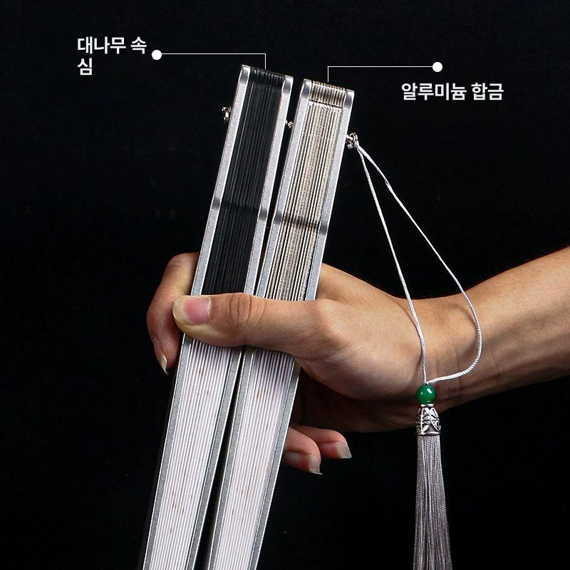 알루미늄 합금 쌍룡 문양 은색 전통 부채 인테리어 중국풍 선물용 접이식 패션 9인치 블랙 대나무 코어 난정서 패턴 - 상세 이미지 4