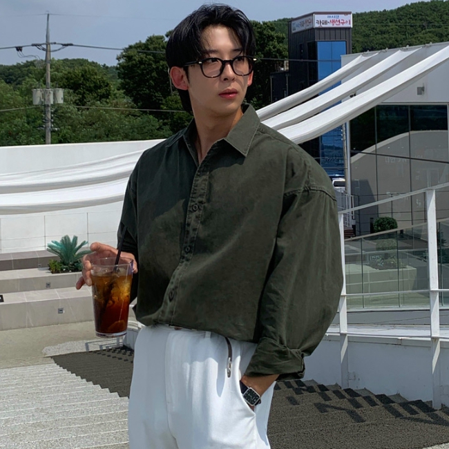 남자 머파 오버핏 봄 가을 면 피그먼트 워싱 긴팔 셔츠 - 상세 이미지 5